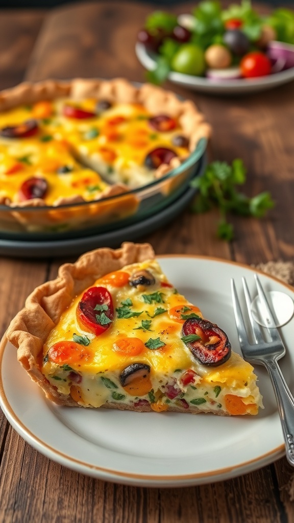 A slice of savory quiche casserole with vegetables and cheese on a plate, garnished with herbs, on a rustic table.